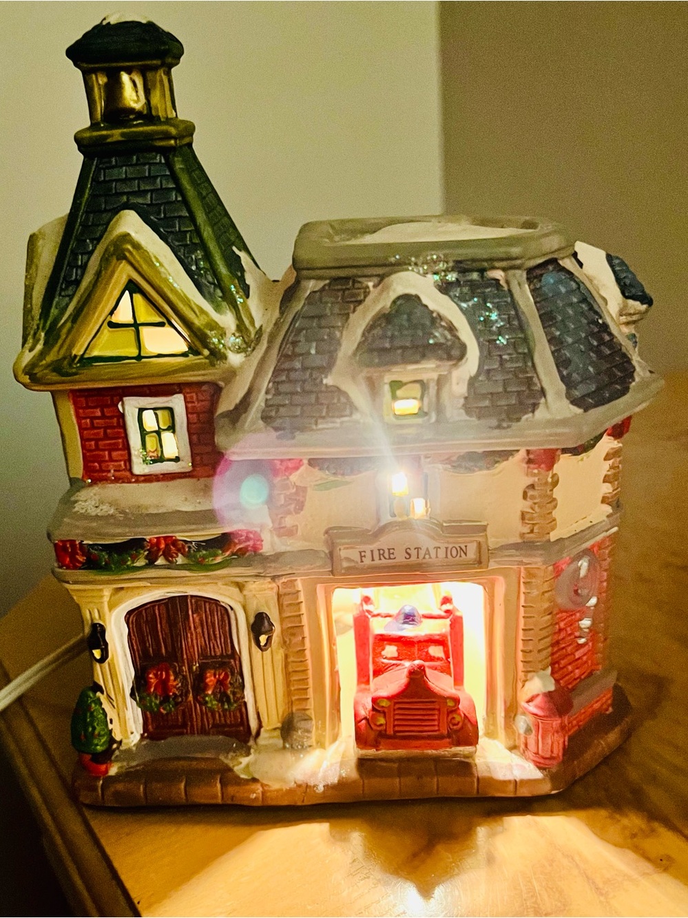 Home Elements Lighted Porcelain Firehouse Christmas Village Fire Station/Box